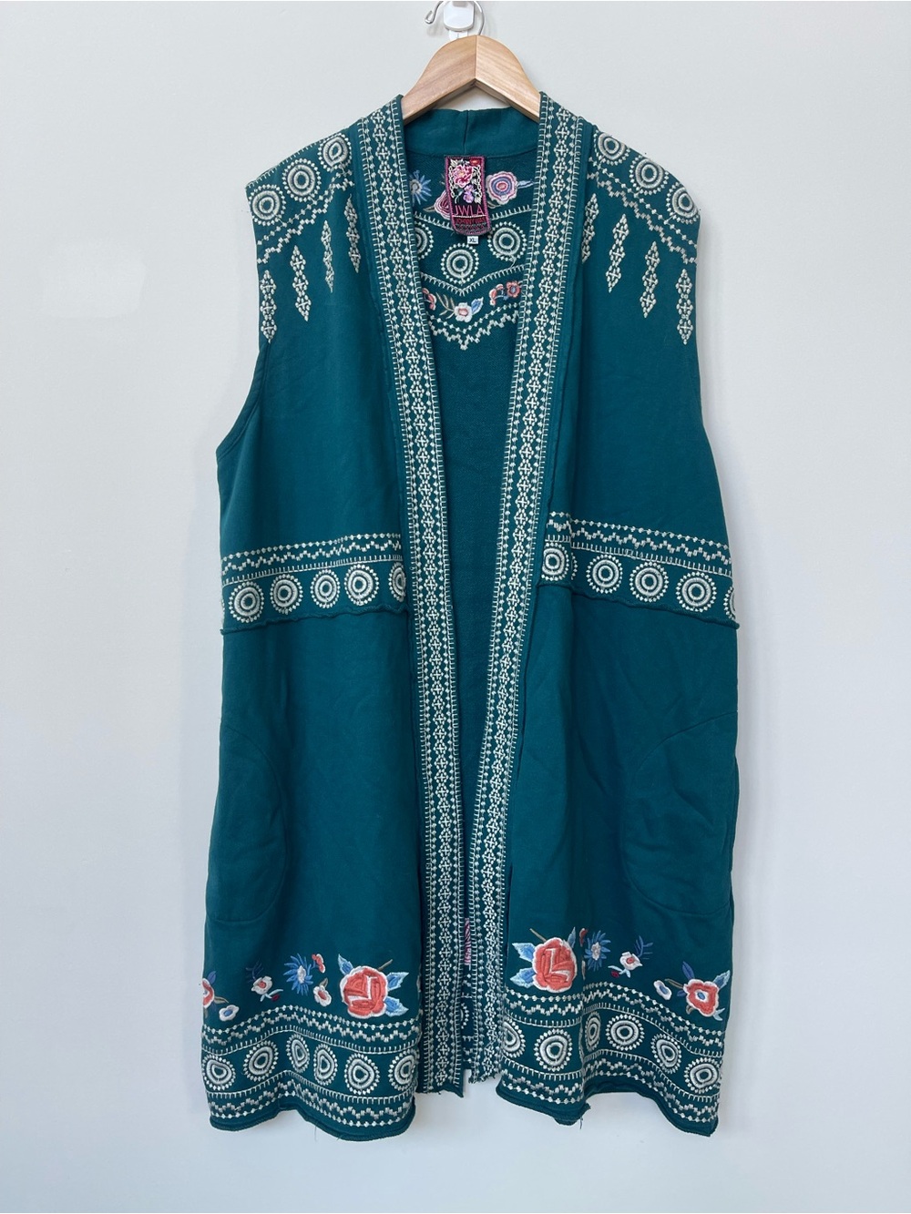 Johnny Was LA | Teal Floral Embroidered  Sleeveless Longline Open Front Duster